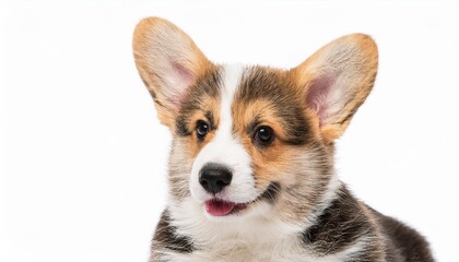 笑顔のウェルシュ・コーギー・ペンブロークのポートレート（Portrait of a smiling Welsh Corgi Pembroke puppy on white background）
