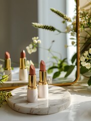 Lipstick set product, soft lighting, neutral background color scheme, soft tones, lipstick is placed on the marble plate in front of mirror, surrounded by flowers and plants, simple composition 