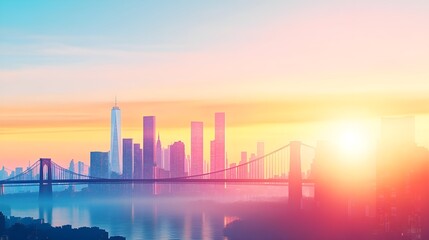 Cityscape Silhouette at Sunset with Bridge and Reflections