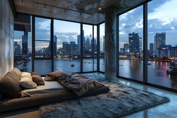 Modern bedroom with floor to ceiling windows overlooking the river, minimalist decor, cozy bed and cushions, large soft carpet on the ground, concrete walls, city skyline outside window, evening time.