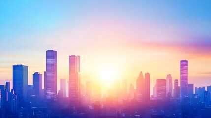 Fototapeta premium Cityscape Sunset Skyline Silhouette - Pink and Blue Gradient