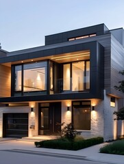 Fototapeta premium Modern home with minimalist design and luxury elements. Key architectural characteristics include: The house is designed in a modern style using straight lines. 