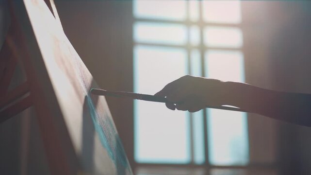 woman artist paint with brushes and oil dye