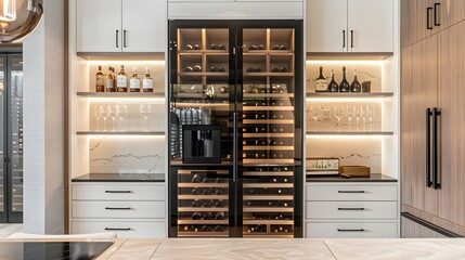 Modern kitchen cabinets in white and beige with glass doors, brushed black titanium wine cooler with recessed lighting, and wooden wine rack. High-end interior includes living room backsplash layout 