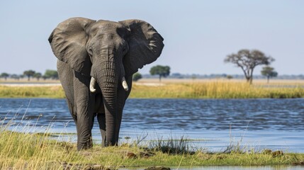 A large African elephant stands by a river in a savanna grassland.