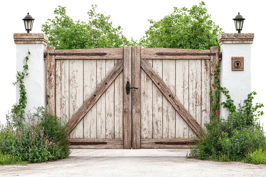 A rustic wooden gate surrounded by lush greenery, adding charm and elegance to any outdoor setting.
