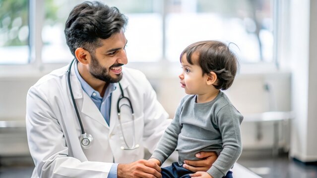 Indian Pediatrician with Child - Indian pediatrician in a white coat interacting with a young child, providing a reassuring and friendly environment for pediatric care.
