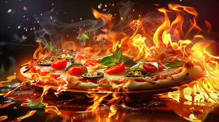 Delicious pizza with tomatoes lemon and pepper dark background with a fire effect,  pepper pizza topping, fiery background, dark food 