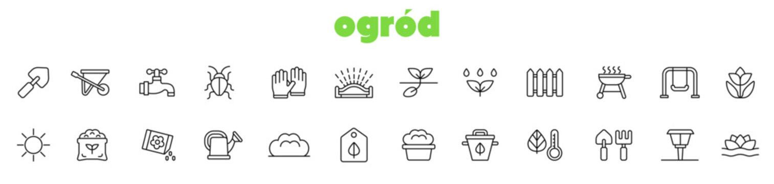 ogr&oacute;d, zestaw ikon, ogrodnictwo, rośliny, uprawa roślin, wektorowe ikony, edytowalna linia, sadzonka, zraszacz ogrodowy, konewka, nasiona, kwiat, taczka, lampka ogrodowa, łopatka, grill i inne