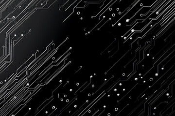 A modern abstract circuit design with silver lines and dots on a sleek dark background, ideal for technology-related templates and web design.