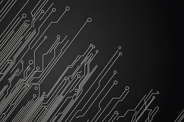 A modern abstract circuit design with silver lines and dots on a sleek dark background, ideal for technology-related templates and web design.