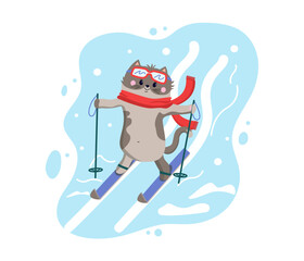 Cat on skis with poles in a knitted scarf goes down the mountain. Snow, winter illustration. Active lifestyle, sport. Animal character, kitten. Background isolated.