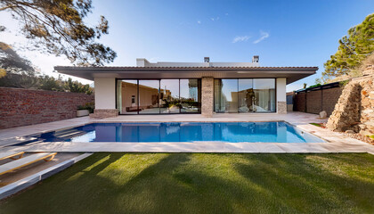 Fototapeta premium Modern luxury villa with large pool under blue sky