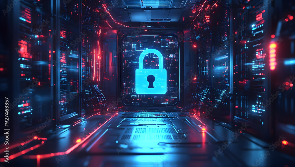 Poster digital lock symbol glowing in a futuristic data center, representing cybersecurity and data protect
