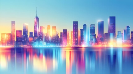 Neon City Skyline Reflection, Urban Night, Modern Architecture