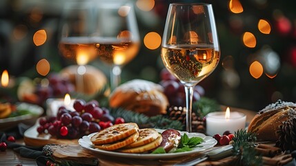 Festive Holiday Table Setting with Wine Glasses Candles and Seasonal Foods Capturing and Warmth