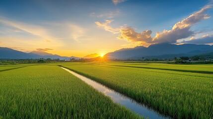 Fototapeta premium A scenic sunset over rice fields, with the golden hues reflecting off the water