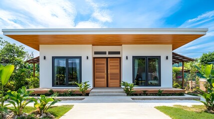 Fototapeta premium The front yard and entrance to an off-white bungalow with wooden accents in Thailand. The roof is covered by blue sky. There is one big window on each side of the two doors