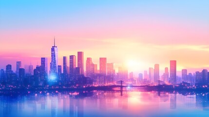 Obraz premium Pink and Blue Skyline Cityscape with Reflections