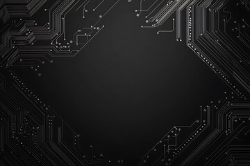 A modern abstract circuit design with silver lines and dots on a sleek dark background, ideal for technology-related templates and web design.