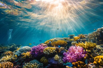 Naklejka premium Vivid underwater world with diverse coral reefs and sunlit water. Vibrant colors and serene scene. Suitable for nature themes and educational purposes. Generative AI.