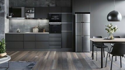 The refrigerator, with gray color. The cabinet door has silver accents on its front panel, which reflects modernity in design. simple and elegant kitchen with a dining table nearby