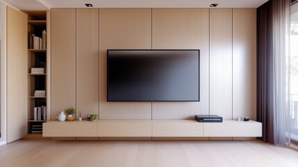 A TV showcased on a wooden wall in a bright and airy living space, with modern decor elements adding style and sophistication.