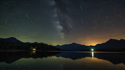 A meteor shower streaking across the night sky, reflected in a still mountain lake. Background
