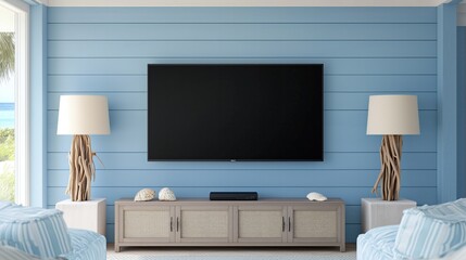 A beach-style living room with a black flat-screen TV on a wooden console, decorated with coastal-inspired elements.