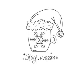 Tea in a cup. Hot drink. Santa hat. Winter season. Christmas ornament, snowflakes. Drawings, doodles. Tea time illustration for cafe and restaurant menu design, isolated background.