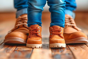 A child's small shoes standing beside an adult's matching shoes on a wooden floor