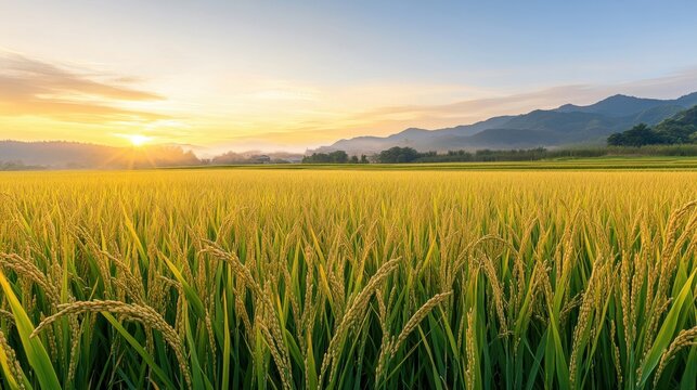 A vast golden rice field at sunrise, with dew on the stalks and a faint mist in the distance