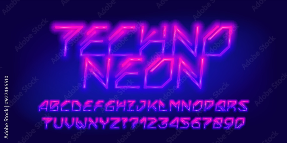 Poster techno neon alphabet font. futuristic neon letters and numbers. stock vector typescript for your des