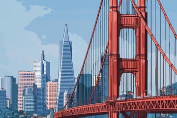 Obraz premium Modern city skyline with iconic bridge in vibrant colors. Contemporary digital artwork symbolizes urban sophistication. Ideal for design projects, marketing, and inspiration. Generative AI