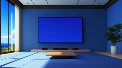 A futuristic living room with a blue screen television mounted on a sleek wall, featuring modern furniture and a blue glow.