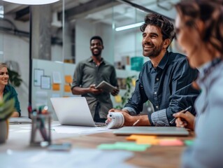 Team brainstorming session in a modern office with diverse colleagues collaborating on a project