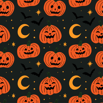 Jack-O-Lantern Creepy carved pumpkin head vector seamless pattern design. Autumn illustration in flat cartoon retro groovy funky style for Halloween holiday decoration, wrapping paper, background