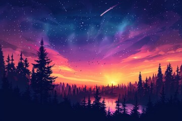 Obraz premium Forest Sunset With Stars