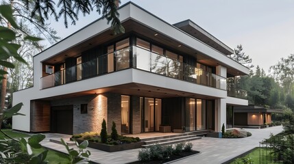 Fototapeta premium Two-story house in a light white and dark bronze style.