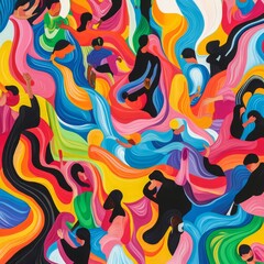 Colorful abstract painting of people in motion.