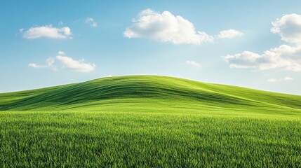 Fototapeta premium A serene landscape featuring rolling green hills under a bright blue sky with fluffy clouds.