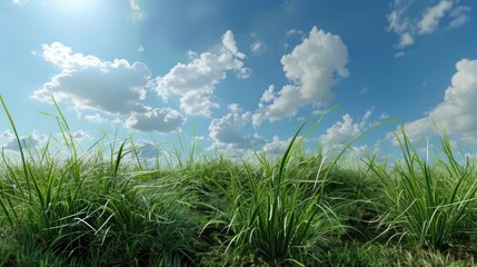 Obraz premium Lush Green Grass Against a Blue Sky with White Clouds