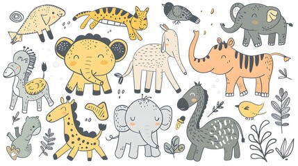 Vector cartoon sketch illustration with cute doodle animals