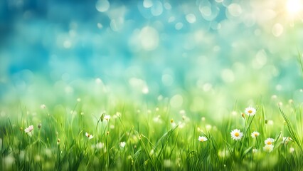 Beautiful sunny spring meadow with green grass and blue sky. Abstract background with light bokeh and space for text.