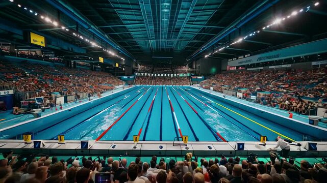 Indoor Swimming Competition with Crowd Watching at a Large Aquatic Center