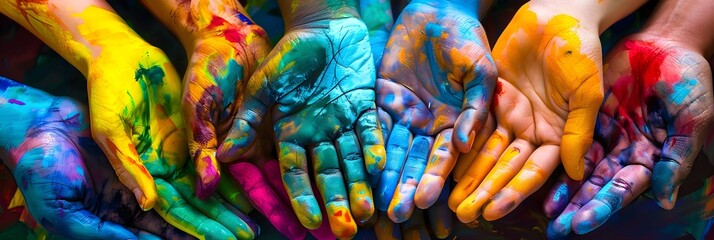 Fototapeta premium Vibrant painted hands united in colorful teamwork and creativity
