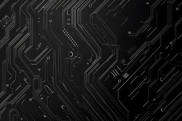 A modern abstract circuit design with silver lines and dots on a sleek dark background, ideal for technology-related templates and web design.