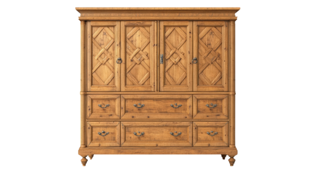 Elegant wooden cabinet featuring intricate designs and multiple storage options, perfect for enhancing home decor and organization.