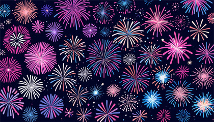 Firework festival celebration background. Festive show in night sky. Exploding Flashes of salutes. Holiday entertainment scene. Colorful flat vector cartoon illustration on dark blue background.