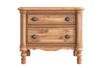 Elegant wooden nightstand with two spacious drawers and vintage brass handles, perfect for any bedroom decor.